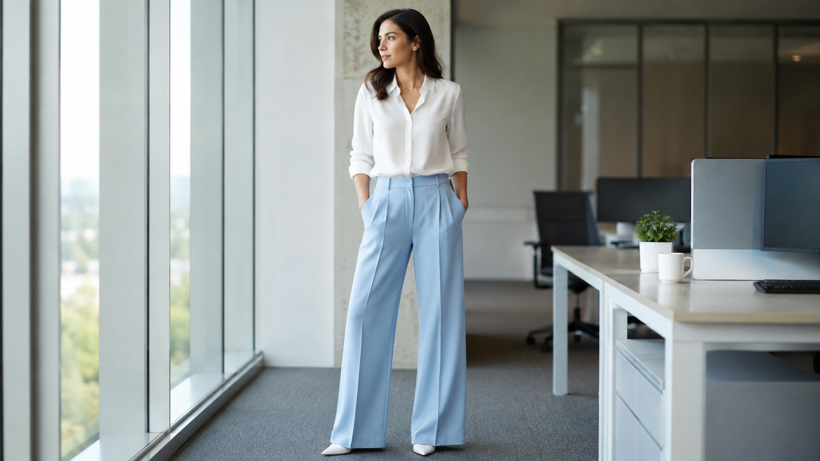 Ice Blue Wide-Leg Trousers Workwear